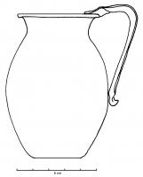 CRU-4114 - Cruche
bronze
Olpé en bronze à panse ovoïde, fond plat, bord déversé, anse verticale rattachée au bord et au plus grand diamètre de la panse.