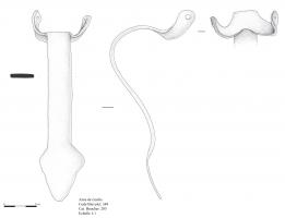 CRU-4119 - Cruche
bronze
TPQ : 100 - TAQ : 350
Cruche à anse rubannée, sasn décor, comportant une attache inférieure très simple, destinée à être brasée sur la panse, et à l'opposé une bande enserrant la moitié du col iprévue pour une fixation nouée ou rivetée ; anse légèrement surélevée.