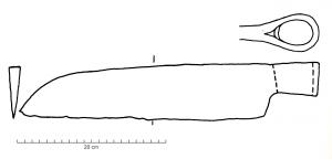 CTE-4002 - Coutre de menuisier
fer
Outil composé d'une grande lame asymétrique, à dos et tranchant droits et d'une courte douille circulaire sans table de frappe.