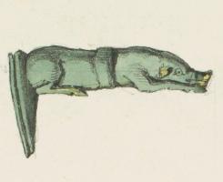 CTO-4082 - Couteau à manche zoomorphe
fer, bronze
Couteau en fer dont le manche en alliage cuivreux figure un animal couché (porcelet...), précédant une garde.