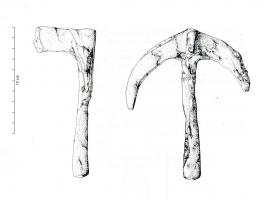 CVC-4003 - Clavette de moyeu de char
fer
Clavette à tête en forme d'ancre et tige de section sphérique. La tête présente une protubérance coudée à 90° par rapport à l'axe de la tige et perforée.