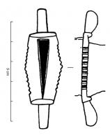 DAG-7006 - Garde de dague
fer, bronze
Dague à garde plate et épaisse, de forme losangique, en bronze, percée d'une ouverture reproduisant le profil assymétrique de la lame; côtés parfois cannelés, avec un bouton (parfois en forme de tête animale) à chaque extrémité.