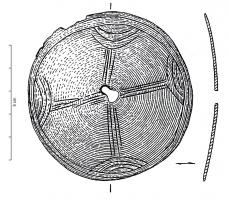 DCH-1002 - Disque à tenon
bronze
Disque à tenon, en tôle de bronze, présentant un bombement externe et un trou central ; disque orné par incision de rayons et dessins périmétriques.