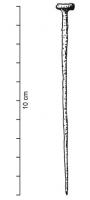 EPG-1003 - Épingle à tête en clou
bronze
Epingle en bronze dont la forme évoque l'aspect d'un clou. La tête consiste en un petit disque plat, perpendiculaire à l'axe de la tige (fonte dans un moule bivalve).