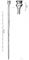 EPG-1004 - Épingle à petite tête vasiformebronzeTPQ : -900 - TAQ : -650Epingle en bronze dont la tête est formée d'une partie sphèrique, parfois carénée, prolongée par une partie conique et évasée, à sommet plat. La tige est de section circulaire. 
