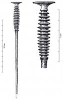 EPG-1082 - Epingle à tête évasée : type de Courtavant
bronze
Epingle à tête évasée non décorée, à sommet plat ; col très court séparant la tête du renflement orné de nervures et de rainures horizontales ; variante a : renflement léger ou moyen orné de cannelures.