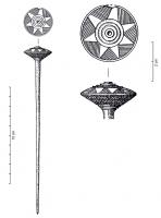 EPG-1089 - Epingle à grosse tête biconique
bronze
Epingle à tête biconique à décor rayonnant sur la face supérieure, décor mouluré sur la face inférieure; tige lisse.