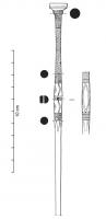 EPG-1092 - Epingle à renflement perforé : type de Picardie
bronze
Grande épingle caractérisée par une tête évasée en disque, un long col orné de stries parallèles, suivi d'un léger renflement  percé en son milieu par un trou permettant la fixation d'un anneau mobile.