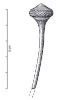 EPG-1094 - Epingle à grosse tête cylindro-conique
bronze
Epingle à grosse tête cylindro-conique; décor de gradins dans les parties coniques supérieure et inférieure; décor de fines cannelures verticales ou obliques dans la partie médiane cylindrique; tige inornée.