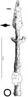 EPI-4002 - Épieu
fer
Arme d'hast, à longue douille prolongée par une extrémité losangique allongée, à forte nervure centrale; entre les deux, deux appendices recourbés vers l'avant émergent dans le plan de la pointe (extrémités peut-être bouletées).