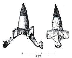 EPR-4008 - Éperon germanique
bronze, fer
Eperon à branches courtes, terminées en boutons, et pointe rapportée bimétallique, très massive, de forme conique, parfois facettée, ou en obus..