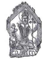 ESP-7052 - Enseigne de pèlerinage : saint Loup d'Esserent
plomb
Enseigne de forme architecturale, nef avec toiture à double rampant, volutes sur le fronton; au centre, saint Loup en évêque, nimbé, tenant une croix à longue hampe et debout sur un lion couché, bénit un orant agenouillé à sa droite; en dessous, inscription  LEV.DESEREN. Anneaux de fixation aux angles.