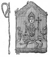 ESP-7063 - Enseigne de pèlerinage : saint Loup d'Esserent
plomb
Enseigne de forme architecturale, nef avec toiture à double rampant, pignons sur le fronton; au centre, saint Loup en évêque, nimbé, tenant une croix à longue hampe et debout sur un lion marchant à gauche, bénit deux orants agenouillés à ses côtés; en dessous, inscription  VECI:S:LEV et au-dessus, DESERENS. Anneaux de fixation aux angles.