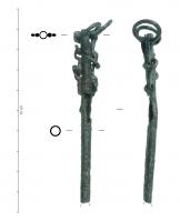 ETA-3002 - Étui à aiguilles
fer
Etui à aiguilles en fer, reprenant la forme mieux connue en bronze : tube dont le sommet est équipé d'oreilles latérales pourvues d'anneaux ou de chaînettes.