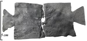 EVO-4022 - Ex-voto sur tabula ansata en plomb
plomb
Ex-voto sur plaque en plomb accostée de queues d'aronde (tabula ansata).