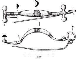 FIB-1005 - Fibule à arc cintré
bronze
Fibule à arc cintré et galbé, orné d'incisions transversales, section triangulaire creuse par dessous, limité de chaque côté par des barrettes transversales terminées par des demi-globules ; ressort serpentiforme