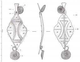 FIB-1112 - Fibule en archet de violon bipartite, de type Raisen
bronze
Fibule à arc tendu, foliacé (en