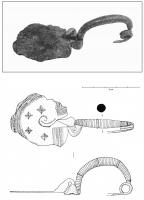 FIB-2007 - Fibule à pied spiralé écrasé
bronze
Fibule à arc légèrement renflé, en anse de panier, devenant serpentiforme au contact du pied qui est formé d'une spirale écrasée en disque plat et mince, portant généralement un décor finement incisé; ressort unilatéral.