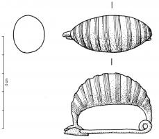 FIB-2190 - Fibule a sanguisuga
bronze
Fibule caractérisée par un corps cintré très renflé, de section massive, extrémités atrophiées (en forme de
