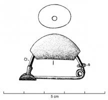 FIB-2195 - Fibule a sanguisuga à arc composite
bronze, verre
Fibule d'assez petite taille,dont le corps renflé (en forme de