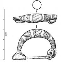 FIB-2565 - Fibule a sanguisuga
bronze
Fibule caractérisée par un corps cintré peu renflé, de section massive, extrémités courtes (en forme de