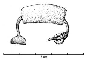 FIB-2575 - Fibule a sanguisuga
bronze, verre
Fibule dont le corps renflé (en forme de