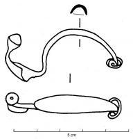 FIB-2651 - Fibule type Golfe du Lion, Tendille 5bbronzeTPQ : -550 - TAQ : -475Fibule de type Golfe du Lion (c'est-à-dire  à pied redressé et bouton conique), avec un arc de section bombée, creuse en-dessous, et un ressort court.