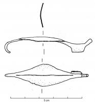 FIB-2669 - Fibule à ressort unilatéral, arc foliacéargentTPQ : -500 - TAQ : -330Fibule à arc foliacé (losange très étiré), légèrement bombé avec une légère arête médiane ; ressort unilatéral ; pied court, suivi d'un simple bouton redressé en oblique (possible support d'un décor disparu).