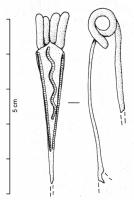 FIB-3061 - Fibule de Nauheim 5a47
bronze
TPQ : -120 - TAQ : -50
Ressort à 4 spires et corde interne ; arc plat, triangulaire et tendu ; porte-ardillon trapézoïdal ajouré ; arc orné d'une échelle médiane graduée ondulée, éencadrée de deux échelles graduées rectilignes de chaque côté, sans incision tranversale vers le pied.