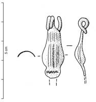 FIB-3820 - Fibule de type unguiforme
bronze
TPQ : -50 - TAQ : -15
Fibule dont l'arc, creux par dessous, s'évase en forme d'ongle ou de goutte ; cette cupule marquée de lignes longitudinales semble suivie par un demi-disque, barré d'un trait