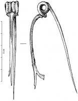 FIB-3861 - Fibule de type Lauterach
bronze
TPQ : -75 - TAQ : -50
Fibule reproduisant le schéma d'une fibule de Nauheim (arc très tendu, brusquement élargi vers la tête et avec des incisions latérales), ressort bilatéral à 4 spires et corde interne, mais avec une section en 8 au-dessus du pied comme pour reproduire une construction bifide ; porte-ardillon trapézoïdal ajouré.
