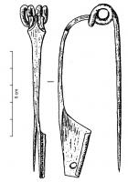 FIB-3897 - Fibule de type Dürrnberg
bronze
TPQ : -125 - TAQ : -75
Variante de Nauheim à arc généralement étroit et effilé, de forme triangulaire ou avec une tête individualisée, décors variés ; le porte-ardillon est trapézoïdal mais très effilé, parfois proche de triangulaire, plein et perforé vers l'extrémité