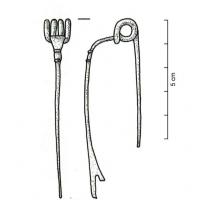 FIB-3931 - Fibule de Nauheim
bronze
TPQ : -120 - TAQ : -50
Fibule à ressort à 4 spires, corde externe. L'arc présente deux moulures transversales vers le ressort, au niveau de la courbure de l'arc.