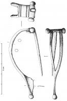 FIB-4017 - Fibule de type Aucissa précoce, variante
bronze
TPQ : -40 - TAQ : 1
Fibule de type Aucissa précoce c'est-à-dire à arc triangulaire ou ogival, charnière repliée vers l'intérieur et pied non pas redressé mais terminé par un bouton rapporté ; arc à décor ajouré, soit simplement creusé d'une ouverture triangulaire, soit de plusieurs ajours, parfois avec des motifs relativement complexes.