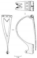 FIB-4020 - Fibule de type Alésia à arc ajouré
bronze
TPQ : -55 - TAQ : -20
Fibule de type Alésia, c'est-à-dire à arc triangulaire ou ogival, charnière repliée vers l'intérieur (le plus souvent) et pied redressé, généralement percé d'un ornement transversal (bâtonnet, perles...); arc à décor ajouré, soit simplement creusé d'une ouverture triangulaire, soit de plusieurs ajours, parfois avec des motifs relativement complexes.