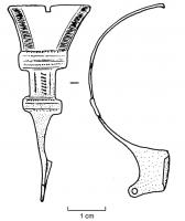FIB-4021 - Fibule de forme Alésia, type Murviel var. 1
bronze
TPQ : -60 - TAQ : -30
Fibule de type Alésia, c'est-à-dire à arc de forme globalement triangulaire ou ogivale, charnière repliée vers l'intérieur et pied redressé, généralement percé d'un ornement transversal (bâtonnet, perles...); les contours de l'arc sont ici découpés, souvent par la présence de deux plaquettes rectangulaires transversales interrompant le bord de l'arc ; décor guilloché ou perlé.