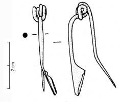 FIB-4039 - Fibule Feugère 6b
bronze
TPQ : 10 - TAQ : 70
Fibule à ressort bilatéral à 4 spires, corde interne, dont le porte-ardillon est le plus souvent plein, quelquefois percé voire ajouré, de forme plus souvent trapézoïdale que triangulaire ; arc filiforme, le plus souvent de section ronde.
