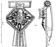 FIB-4085 - Fibule léontomorphe à queue de paon
bronze
TPQ : 10 - TAQ : 50
Fibule à queue de paon, plaque losangique à collerette, dont l'arc est remplacé par deux protomes de lions adossés, plus ou moins schématisés ; la plaque et le pied consistent en deux pièces distinctes.