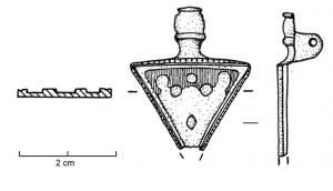 FIB-41129 - Fibule émaillée
bronze
TPQ : 100 - TAQ : 300
Broche dont le corps est occupé par un triangle émaillé, pointe en bas; la tête est rnée d'un bouton mouluré et ce motif occupait certainement aussi le pied.