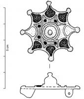 FIB-41133 - Fibule circulaire émaillée
bronze
TPQ : 150 - TAQ : 300
Fibule circulaire pleine, décor émaillé constitué d'un fleuron à 6 ou 8 branches ; les extrémités se prolongent sur le pourtour de la fibule par des boutons non émaillés, autour d'un bouton central formant un dôme mouluré.