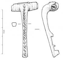 FIB-41396 - Fibule à arc non interrompu, décor niellé
bronze
TPQ : 1 - TAQ : 100
Fibule à arc non interrompu, coudé à la tête puis rectiligne, de section épaisse, losangique parfois adouci sur le dessus; couvre-ressort cylindrique; porte-ardillon trapézoïdal, percé, ajouré ou fenestré. Variante avec un décor niellé constitué de deux bandes parallèles, incrustées obliquement pour former des chevrons niellés.