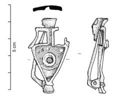 FIB-4142 - Fibule skeuomorphe : amphore
bronze
TPQ : 100 - TAQ : 260
Fibule émaillée en forme d'amphore : deux anses, fond plat.