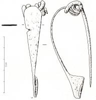 FIB-41477 - Fibule en fer Feugère 4a2
fer
TPQ : -30 - TAQ : 50
Fibule à arc plat et lisse, tendu vers le pied de forme trapézoïdale et plein; ressort à corde interne, à 4 spires.