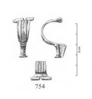 FIB-41508 - Fibule de type dérivé d'Aucissa
bronze
TPQ : 40 - TAQ : 100
Fibule à charnière coulée avec l'objet. L'arc, de section rectangulaire ou triangulaire assez épaisse, présente un profil en arc de cercle complet. Il peut être orné d'un motif central linéaire ou en méandre, d'un décor