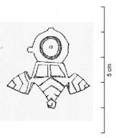 FIB-41518 - Fibule symétrique
bronze
TPQ : 200 - TAQ : 300
Fibule symétrique à plaque circulaire. Un décor de trois feuilles se développe du côté du pied, elles sont reliées à la plaque par trois bâtonnets. La plaque n'est pas émaillée mais présente une petite loge qui ceint le centre de l'objet.