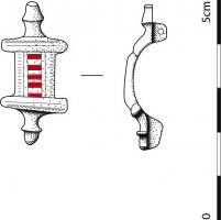 FIB-41560 - Fibule symétrique émaillée
bronze
TPQ : 80 - TAQ : 150
Fibule symétrique, de petite taille; l'arc rectangulaire comporte cinq loges émaillées également rectangulaires, alignées dans un cadre mouluré ; la tête et le pied, symétriques, sont constitués de simples boutons.