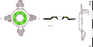 FIB-41562 - Fibule circulaire émaillée
bronze
TPQ : 150 - TAQ : 250
Fibule circulaire de petite taille, comportant une simple couronne émaillée, avec 4 protubérances constituées de trois disques incisés ou estampés.