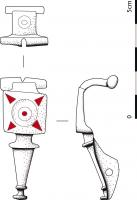FIB-41568 - Fibule à charnière
bronze
TPQ : 100 - TAQ : 250
Fibule à charnière repliée sur l'extérieur. La tête de l'objet est ornée d'un cercle incisé. Le corps de l'objet, rectangulaire, est orné de trois cercles concentrique moulurés. Le cercle central est émaillé, de même que les triangles dans les angles du corps de l'arc. Le pied est séparé de l'arc par une gorge et une côte transversale, il s'achève sur un petit bouton terminal.