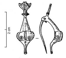 FIB-4157 - Fibule zoomorphe : dauphinbronzeTPQ : 150 - TAQ : 300Fibule au corps arqué, figurant un poisson stylisé, crête sur le sommet de la tête séparant deux yeux marqués par des cercles oculés ; queue en éventail, creusée de deux loges d'émail.