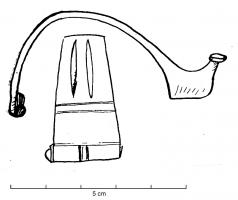 FIB-41728 - Fibule dérivée d'Alésia à arc ajouré
bronze
TPQ : -10 - TAQ : 20
Fibule dérivée d'Alésia, c'est-à-dire à arc triangulaire ou ogival, charnière repliée vers l'intérieur et pied redressé, non pas perforé transversalement mais pourvu ici d'un bouton aplati dans le plan de l'arc; arc à décor ajouré, soit simplement creusé d'une ouverture triangulaire, soit de plusieurs ajours, parfois avec des motifs relativement complexes.